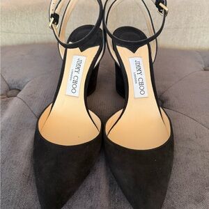 Jimmy Choo Black Suede Pointed-Toe Ankle-Strap Block Heels